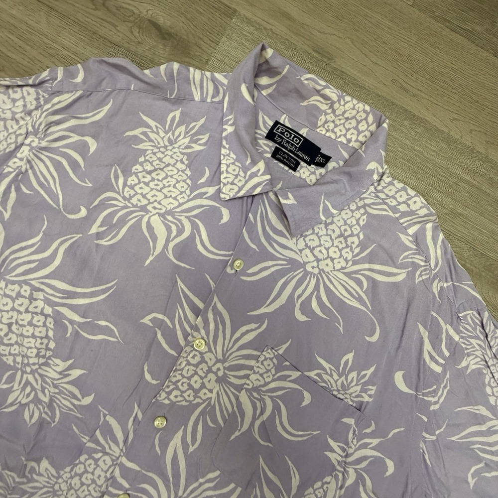Polo Ralph Lauren Shirt Mens XL Purple Rayon Pineapple Hawaiian Clayton Aloha